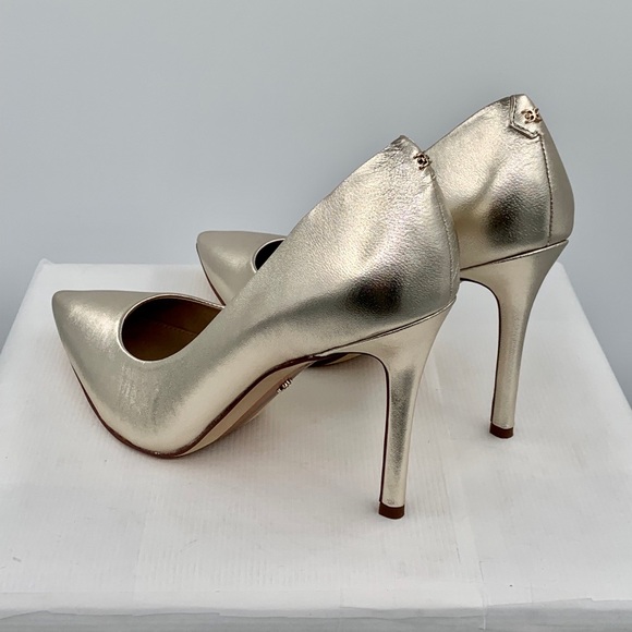 NWT NIB Sam Edelman Hazel Woman’s Gold Leather High Heeled Pointed Toe Pump - Picture 7 of 14
